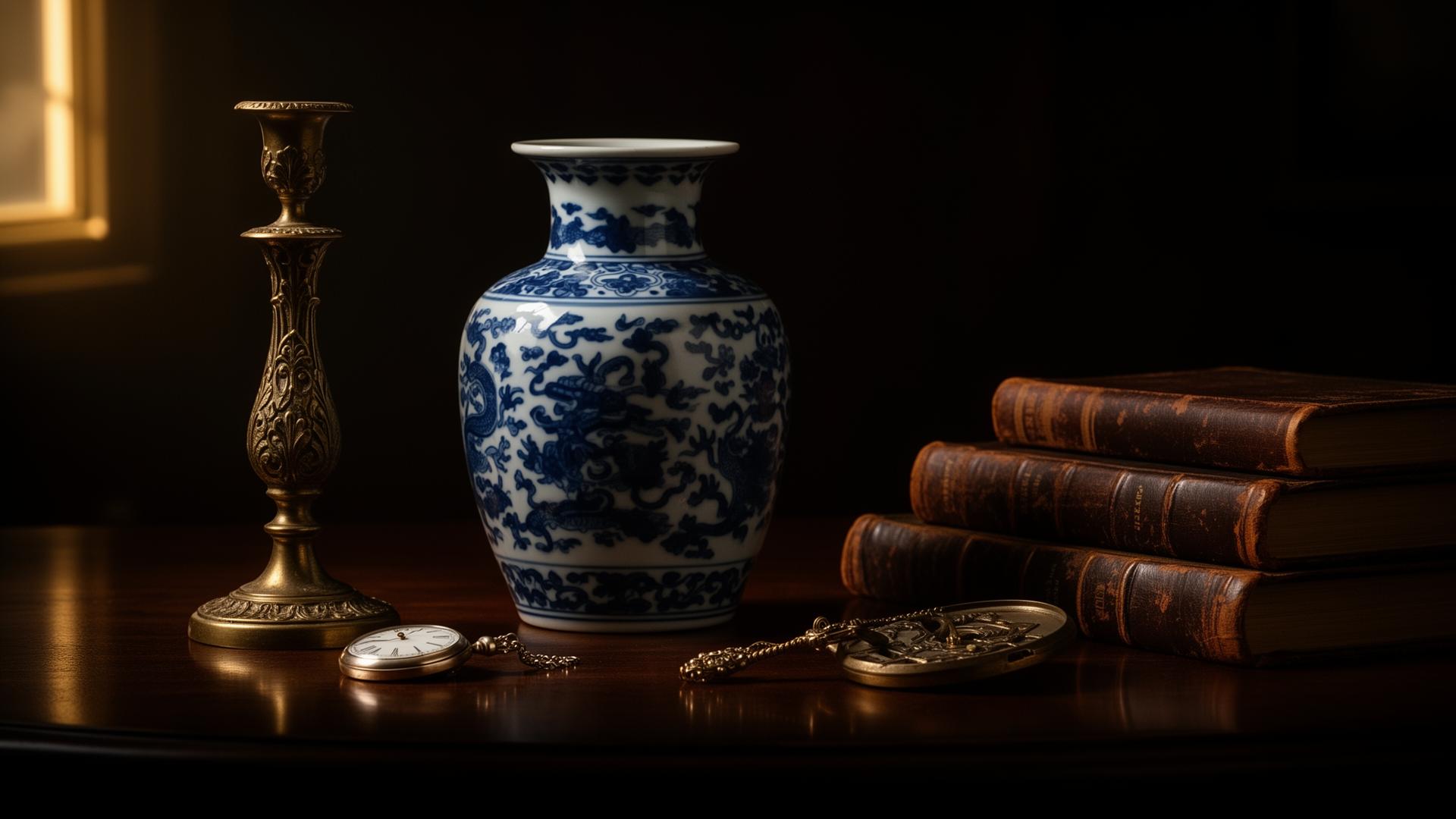 Antique Chinese porcelain vase, brass candlestick, pocket watch and leather books in moody golden light